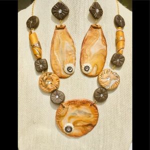 Clay Hand Crafted Necklace,Earrings Set. One of a kind.
